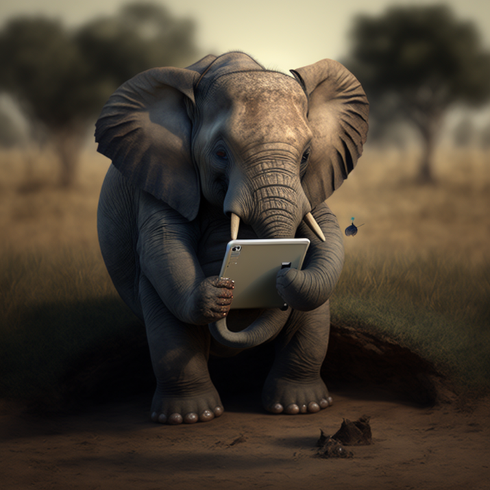 cartoon elephant using apple tab in the nature