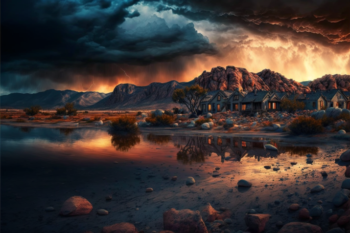 fantasy landscape of ghost town sunset with storm clouds