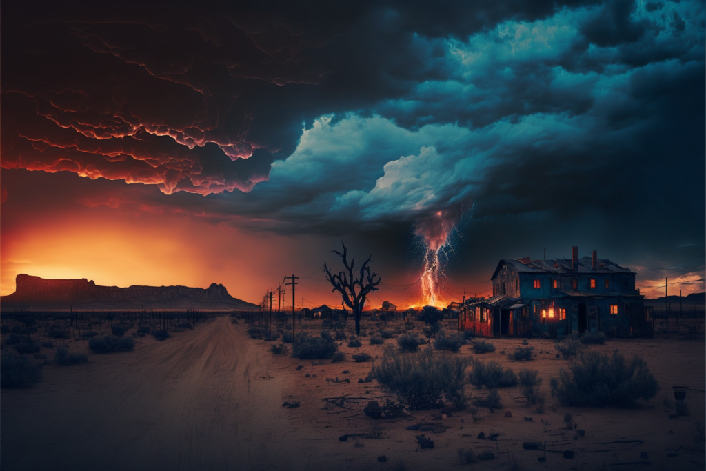 fire raining down on abandoned ghost town sunset